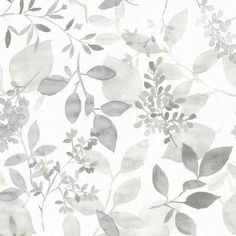 a white and gray floral wallpaper with leaves on the back drop in shades of grey