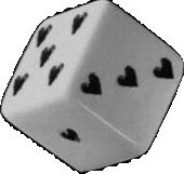 a white dice with black hearts on it