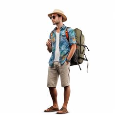 a man with a backpack and hat standing in front of a white background wearing sandals