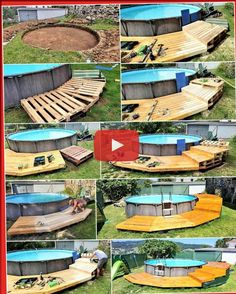 an outdoor pool made out of pallets and wooden boards is featured in this video