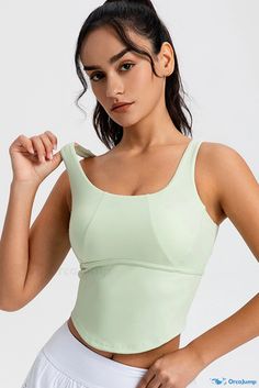 OrcaJump - Meadow Mist Green Sleeveless Active Crop Top with U-Neck Design Green Sleeveless Sports Bra With Built-in Bra, Green Summer Tops With Wide Straps, Green Sleeveless Sports Bra For Yoga, Sleeveless Green Sports Bra For Yoga, Green Stretch Sleeveless Sports Bra, Summer Gym Tops With Wide Straps, Green Sleeveless Tank Top With Built-in Bra, Green Sleeveless Tank Top For Yoga, Green Sleeveless Gym Top