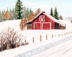 a watercolor painting of a red barn in the snow by a fence and trees