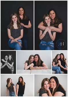 multiple photos of two women hugging each other and posing for the camera with their arms around one another