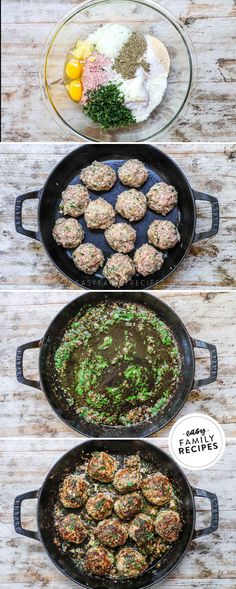 three pans filled with food sitting on top of a wooden table next to each other