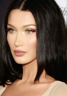 Dark Hair Celebs, Rounded Arch Eyebrows, Bella Hadid Dark Hair, Long Chin Face, Bella Hadid Dark Feminine, Bella Hadid Updo, Bella Hadid No Makeup, Bella Hadid Black Hair, Bella Hadid Hair Color