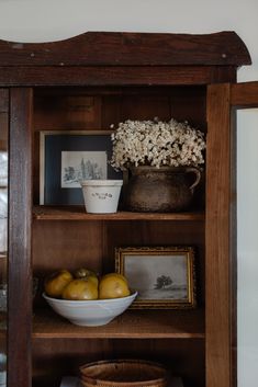 a wooden book shelf with some fruit on it and a bowl of apples in the middle