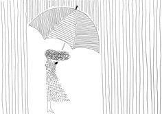 a black and white drawing of a woman holding an umbrella