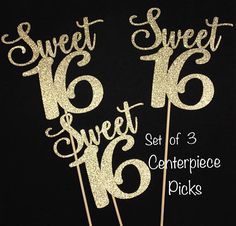 sweet sixteen cake topper set of 3 with gold glitter numbers and 16 on black background