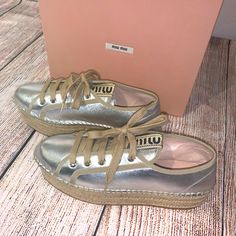 Remember- All Items Over $500 Are Authenticated And Examined By Poshmark Experts At Their Headquarters Prior To It Being Delivered To You! Yes, It Is 100% Authentic Miu Miu Mordore Platform Metallic Sneakers Nwt. Comes In Its Original Box. Sz 41. Wedge Height Approximately 2inches Designer Summer Sneakers With Round Toe, Designer Round Toe Sneakers For Summer, Luxury Round Toe Platform Sneakers, Designer Sneakers With Round Toe For Summer, Summer Sneakers With Leather Sole And Flat Shape, Summer Flat Sneakers With Leather Sole, Designer Low-top Summer Sneakers, Designer Low-top Sneakers For Summer, Designer Lace-up Summer Sneakers