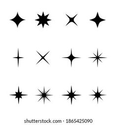 black and white stars on a white background, set of nine different shapes in the form of stars