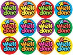 twelve well done stickers with the words well done in different colors and sizes on them