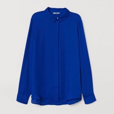 Relaxed-Fit Blouse In Softly Draped Satin. Beautiful Royal Blue Color. Collar And Buttons Upfront, And Yoke At Back. Long Sleeves With Cuffs No Tag Never Worn! H&m Collared Tops For Daywear, Elegant Blue Viscose Blouse, Chic Blue H&m Tops, H&m Button-up Workwear Blouse, H&m Button-up Blouse For Work, H&m Collared Tops For Workwear, H&m Long Sleeve Shirt For Work, Elegant Blue Viscose Tops, H&m Collared Blouse For Work