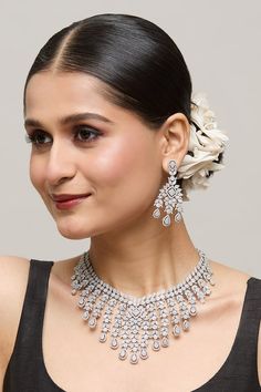 Silver plated floral jaal pattern necklace embellished by white stones. Comes with matching earrings. - Aza Fashions White Stones, White Stone, Brass Color, Hook Earrings, Aza Fashion, Matching Earrings, Necklace Set, Jewelry Sets, Silver Plated