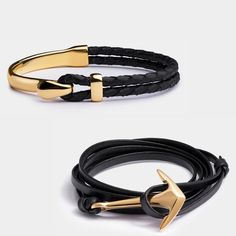 "Mens Leather Bracelet, Bracelet For Boyfriend, Braided Leather Bracelet, Mens Gold Bracelet, Minimalist Bracelet Men, Nautical Bracelet The Anchor Leather Gold & Signature Gold are both crafted from deep black full-grain Italian leather and 18k Gold plated stainless steel. The Anchor Leather bracelet is a single strand of Italian leather secured by the iconic Anchor and the Signature bracelet matches perfectly with its double braided leather and polished gold plated hook closure. Available Mens Gold Bracelet, Gold Bracelet Men, Bracelet For Boyfriend, Bronze Cuff Bracelet, Leather Anchor Bracelet, Custom Cuff Bracelet, Arm Bracelets Upper, Bracelets For Boyfriend, Nautical Bracelet