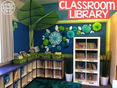 the classroom library has many bookshelves and plants