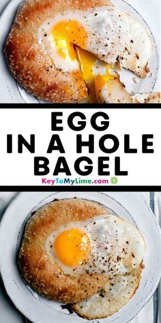 an egg in a hole bagel on a plate with the words egg in a hole