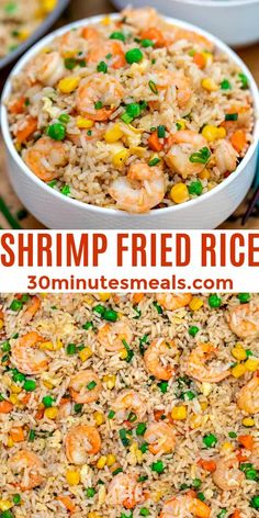 shrimp fried rice with peas and carrots in a white bowl