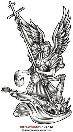 Angel slaying a demon Demon Tattoo Designs, Angelic Warrior, Angel Knight, Religious Tattoo Sleeves, Tattoo Crane, Tattoos Angel, St Michael Tattoo, Michael Tattoo