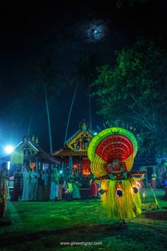 an elaborate display in the middle of a field at night with people standing around it