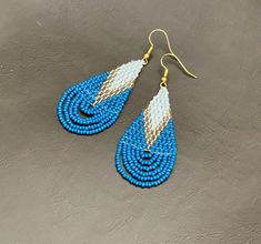 Blue Earrings--Beaded Earrings--Unique Earrings--Gift For Her--Holiday Gift--Handmade Jewelry Handmade Blue Round Bead Earrings, Blue Beaded Hoop Earrings Gift, Gift Blue Beaded Hoop Earrings, Turquoise Teardrop Beaded Earrings As Gift, Turquoise Teardrop Beaded Earrings For Gifts, Handmade Blue Teardrop Hoop Earrings, Blue Hoop Earrings With Dangling Beads Gift, Teardrop Earrings Gift, Bohemian Light Blue Teardrop Earrings