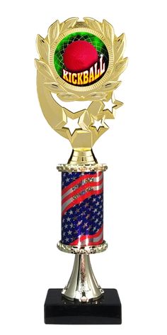 a gold trophy with an american flag on the bottom and a ball in the middle