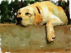 a painting of a dog laying down on the ground with his head resting on a wall