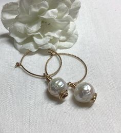 ⚜️14KT Gold Filled hoop & Pearl drop earrings ⚜️Here I have for sale a beautiful pair of 14KT Gold  filled earrings, with cultured freshwater potato pearls. ⚜️The hoops measure 25mm and the pearls are 10mm diameter, total length from top of hoop to bottom of pearl drop, measures 40mm. I have lightly hammered the Gold filled wire, to give them a lightly textured surface. ⚜️These are beautiful quality Cultured Freshwater Pearls with a natural textured surface and beautiful lustre, the perfect addi Handmade White 14k Gold Filled Hoop Earrings, Handmade 14k Gold Filled White Hoop Earrings, White Small Hoop Earrings For Anniversary, White Small Hoop Jewelry For Anniversary, White Hoop Jewelry For Anniversary, Handmade Hoop Jewelry For Anniversary, White Hoop Jewelry For Jewelry Making, Adjustable Round Pearl Earrings For Anniversary, White Wire Wrapped Small Hoop Jewelry