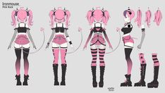 some pink and black anime character poses for the animation, with their hair pulled back