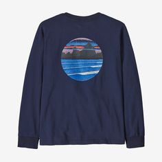 Made of soft 100% Regenerative Organic Certified® cotton with a timeless, universal fit, it's a basic t-shirt designed for getting dirty and having fun. Made in a Fair Trade Certified™ factory. | Patagonia Kids' Long-Sleeved Skyline Stencil T-Shirt in New Navy, Large - Kids' Shirts & Tops - Regenerative Organic Certified Cotton/Pfas Blue Organic Cotton Top With Screen Print, Sporty Blue Organic Cotton Tops, Blue Organic Cotton Long Sleeve Tops, Blue Relaxed Fit Top With Back Print, Patagonia Long Sleeve Cotton Tops, Relaxed Fit Organic Cotton Top With Screen Print, Patagonia Graphic Cotton T-shirt, Patagonia Cotton Graphic Tee, Patagonia Graphic Cotton Tee