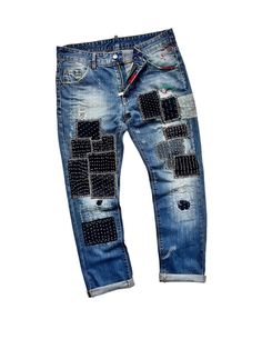 Discover the rarest patchwork jeans for those who value true uniqueness! These jeans have been artistically reworked, repaired, embroidered, and patched using a variety of upcycled fabrics, resulting in a one-of-a-kind design that you won't find anywhere else. Meticulously hand-sewn with care and attention to detail, these jeans feature a striking texture and intricate art patterns that make them truly stand out. Each pair is a labor of love, taking significant time to complete, and the end result is a wearable piece of art. Take a moment to explore the photos provided--they capture the essence of these jeans far better than words can. Be sure to review the special features below before making your purchase: Features: - Unique patchwork design - Ripped and distressed style - Reworked and r Crazy Jeans, Reworked Jeans, Patched Denim Jeans, Intricate Art, Art Patterns, Vintage Patchwork, Patchwork Jeans, Denim Patches, Patched Jeans