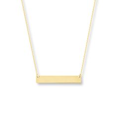 Delicate but dynamic, this bar necklace for her features a high-polish 14K yellow gold bar suspended between cable chains. Secured with a lobster clasp, the necklace is adjustable from 16 to 18 inches in length. Gold Bar Necklace Engraved, Gold Bar Necklace Personalized, Jewelry By Brand, Necklace Bar, Engraved Bar Necklace, Jewelry Education, Jewelry Advice, Bar Necklace Personalized, Hot Jewelry