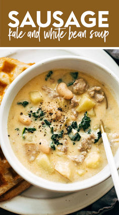 A bowl of sausage, kale, and white bean soup with a spoon. and waffles to the side. High Protein Soup Recipes, High Protein Soup, Soup Sausage, Soup Recipes Uk, Protein Soup Recipes, Creamy Beans, Protein Soup, Protein Soups, Braised Chicken Breast