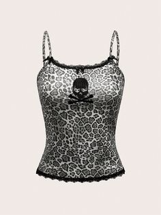 Women's Skull Leopard Print Lace Splice Summer Camisole Tank Top Grey Casual   Fabric Halloween,Leopard Print,Textured Pattern Cami Medium Stretch  Women Clothing, size features are:Bust: ,Length: ,Sleeve Length: Rockstar Clothes, Silly Clothes, Scene Outfits, 2000 Fashion, Skull Shirt, Lace Splicing