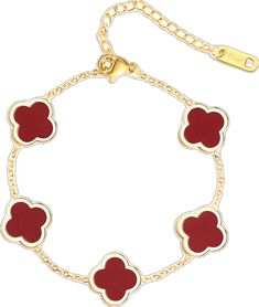 a red and gold bracelet with hearts on the link, attached to an 18k gold plated chain