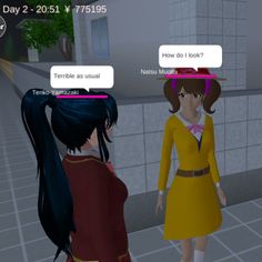 two animated women standing next to each other in front of a building with text bubbles above their heads