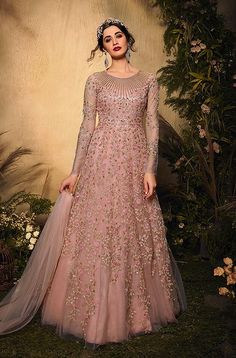 Rose Pink Designer Heavy Embroidered Bridal Anarkali Gown-Saira's Boutique Net Anarkali, Bridal Anarkali, Floor Length Anarkali, Pink Anarkali, Net Gowns, Anarkali Salwar, Gown Suit, Gaun Fashion, Designer Anarkali