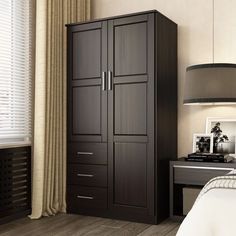 a bedroom scene with focus on the armoire and bed