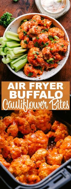 an air fryer buffalo cauliflower bites in a pan