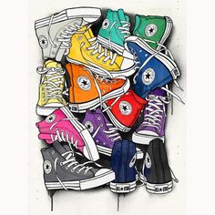 a drawing of colorful converse shoes on top of each other