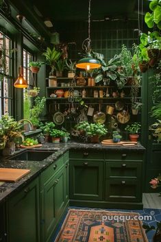 a kitchen filled with lots of green plants and potted plants on the shelves above the sink