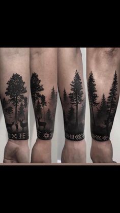 three different views of the same person's legs with trees and arrows on them