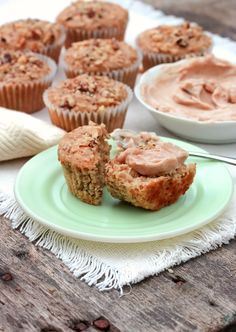 muffins with peanut butter on a green plate