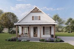 a small white house sitting on top of a lush green field