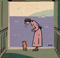 a woman standing next to a cat in front of an open window looking at the ocean