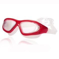 a pair of swimming goggles with clear lenses on the side and red frame