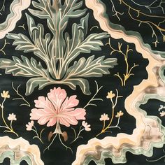 an artisticly designed wallpaper with flowers and leaves on black background, closeup