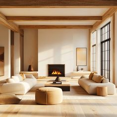 a living room filled with furniture and a fire place in the middle of the room