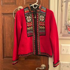 Hand Embroidered Icelandic Wool Jacket. Size Small. Satin Like Lined. Ceremonial Winter Outerwear With Intricate Embroidery, Ceremonial Embroidered Winter Outerwear, Fitted Folk Style Embroidered Outerwear, Multicolor Embroidered Winter Outerwear, Red Intricately Embroidered Winter Outerwear, Leather Moto Jacket Womens, Light Pink Blazers, Brown Faux Leather Jacket, Wool Jackets Women