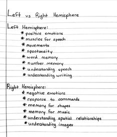 a handwritten note with the words left vs right hemisphere