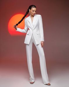 blazer length along the back 27 1/2 inches or 70 cm sleeve length 24,4 inches or 62 cm pants length along the side seam 45,2 inches or 115 cm inseam length (from the crotch to the bottom) 35,4 inches or 90 cm 2-piece womens blazer trouser suit for office, business meetings, formal events and special occasions. Also perfectly combines with sneakers so after a long and tiring business day you can change you heels to sneakers and still look chic. DETAILS -  straight pants -  high rise -  blazer is buttoned -  lined -  front pockets (not functional)  -  padded shoulders MATERIAL Premium quality suiting fabric, which consists of viscose mostly and a bit of polyester and elastane SIZES The models in photos are wearing a size S (4) Available in 4 sizes: 2 US numeric  BUST 32-34 inches or 82-86 cm Office Suits With Fitted High-waisted Pants, Fitted Suits With High-waisted Pants For Office, Tailored Tuxedo Style Pantsuit With Long Sleeves, Tailored Long Sleeve Tuxedo Pantsuit, Fitted High-waisted Semi-formal Suits, Fitted Suits With Long Pants For Work, Tailored Suits With Long Pants For Work, Formal Fitted Long Pants Set, Fitted Formal Sets With Long Pants